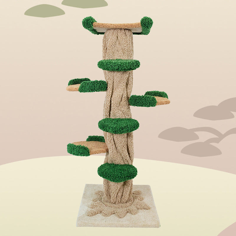 Moderner kreativer runder Katzenbaum aus Eukalyptusholz mit Plüschstoff und baumförmigem Design, 2/7-Liegeflächen für das Schlafzimmer 