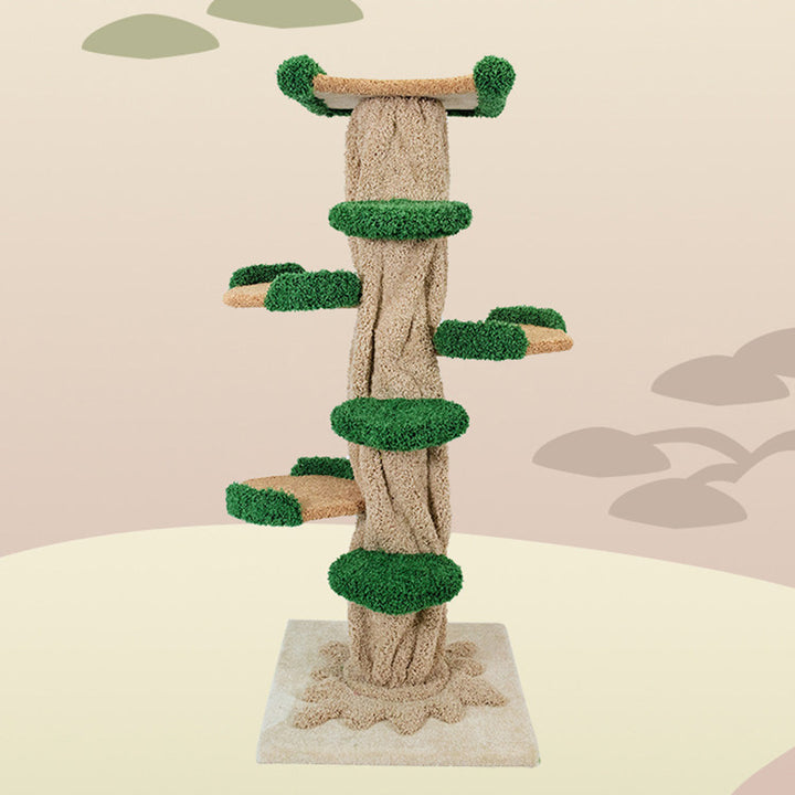 Moderner kreativer runder Katzenbaum aus Eukalyptusholz mit Plüschstoff und baumförmigem Design, 2/7-Liegeflächen für das Schlafzimmer 