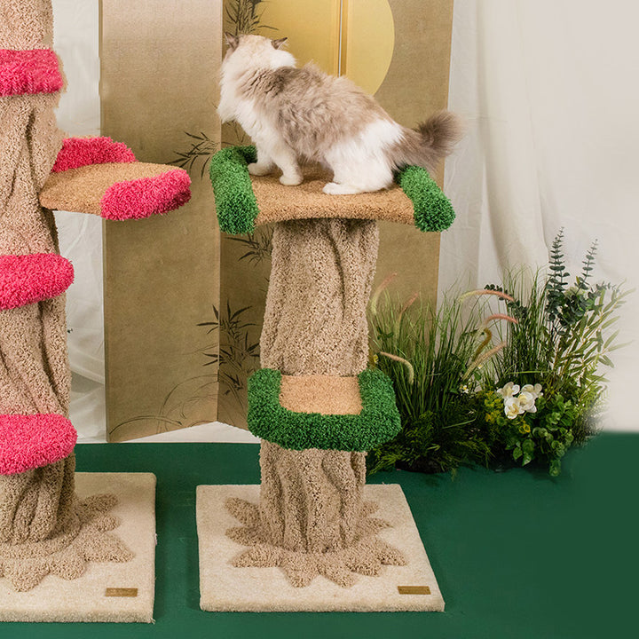 Moderner kreativer runder Katzenbaum aus Eukalyptusholz mit Plüschstoff und baumförmigem Design, 2/7-Liegeflächen für das Schlafzimmer 