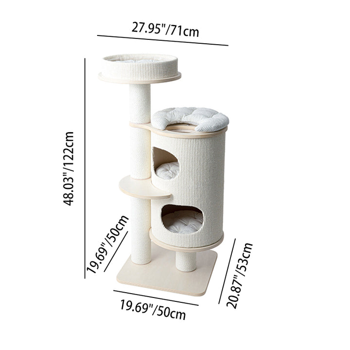 Arbre à chat contemporain scandinave rond à plusieurs niveaux en bois massif, contreplaqué, panneau de fibres de densité moyenne, velours côtelé, corde en papier, 2/3 condos, 2/3 perchoirs, pour chambre à coucher 