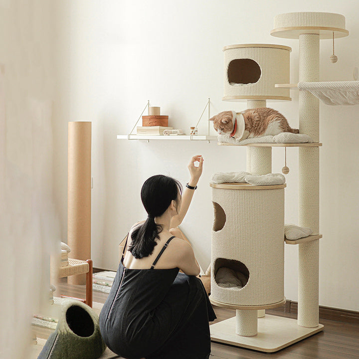 Arbre à chat contemporain scandinave rond à plusieurs niveaux en bois massif, contreplaqué, panneau de fibres de densité moyenne, velours côtelé, corde en papier, 2/3 condos, 2/3 perchoirs, pour chambre à coucher 