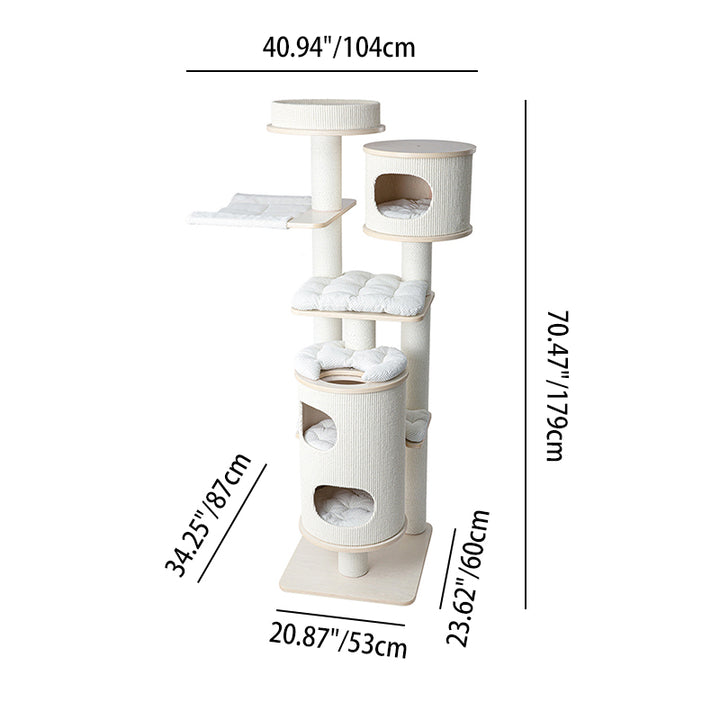 Arbre à chat contemporain scandinave rond à plusieurs niveaux en bois massif, contreplaqué, panneau de fibres de densité moyenne, velours côtelé, corde en papier, 2/3 condos, 2/3 perchoirs, pour chambre à coucher 