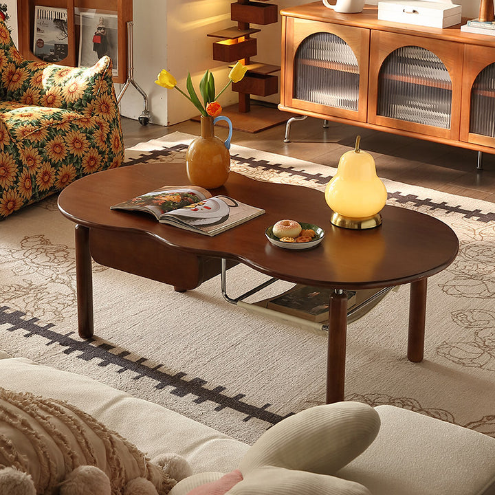 Traditional Vintage Rectangular Rubberwood Stainless Steel Coffee Table 1-Drawer For Living Room