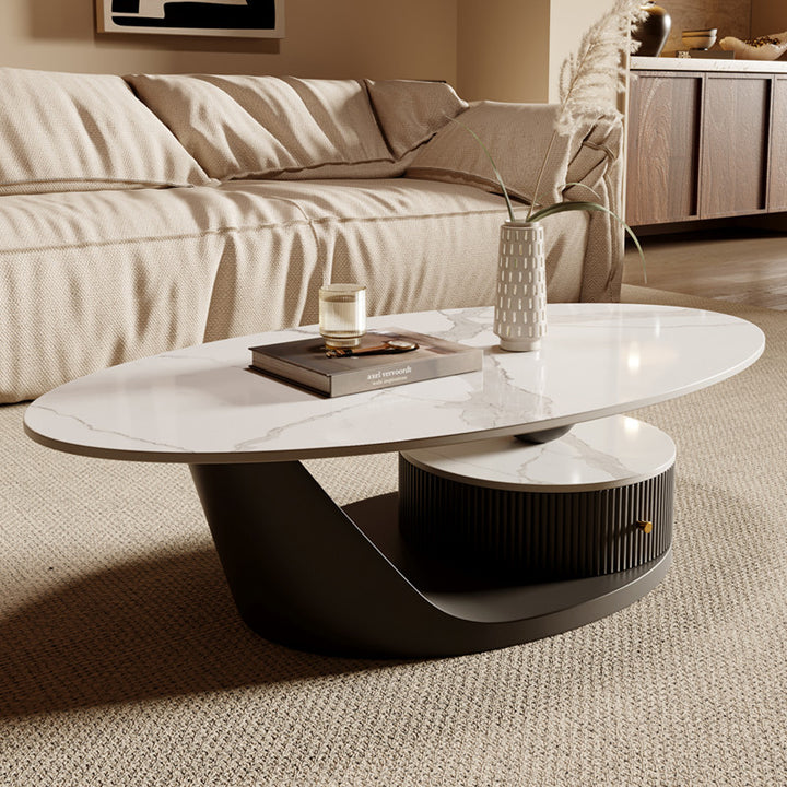 Moderner Luxus-Oval-Couchtisch aus Sperrholz, Stahl, PVC und Kunststoff-Stahl mit 1 Schublade für das Wohnzimmer 