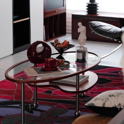 Traditioneller Vintage-Oval-Couchtisch aus Gummibaumholz, gehärtetem Glas und Edelstahl, 2-stufig, für das Wohnzimmer 