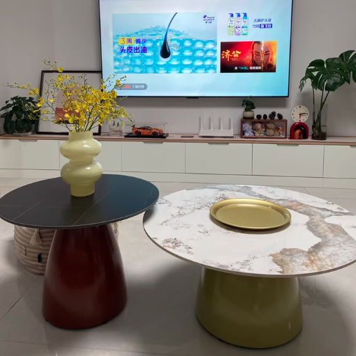 Table basse ronde moderne en pierre en plaque, laquée, en fer, de luxe, pour salon 