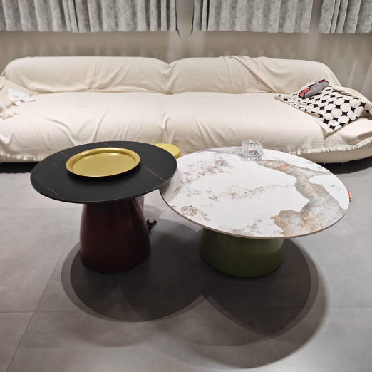 Table basse ronde moderne en pierre en plaque, laquée, en fer, de luxe, pour salon 