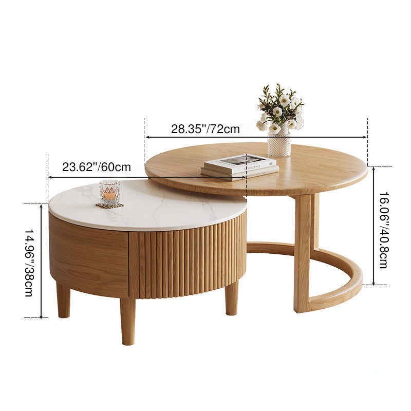 Table basse contemporaine scandinave ronde en dalle de pierre et bois d&