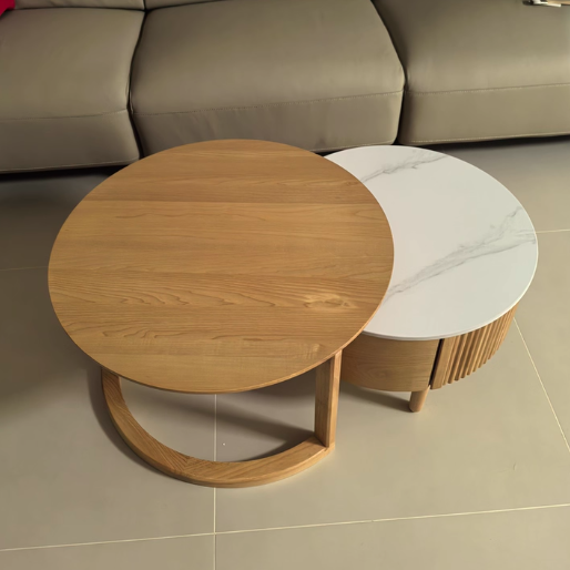 Table basse contemporaine scandinave ronde en dalle de pierre et bois d&