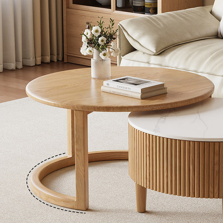 Zeitgenössischer skandinavischer Couchtisch aus runder Steinplatte und Gummibaumholz mit 1 Schublade für das Wohnzimmer 