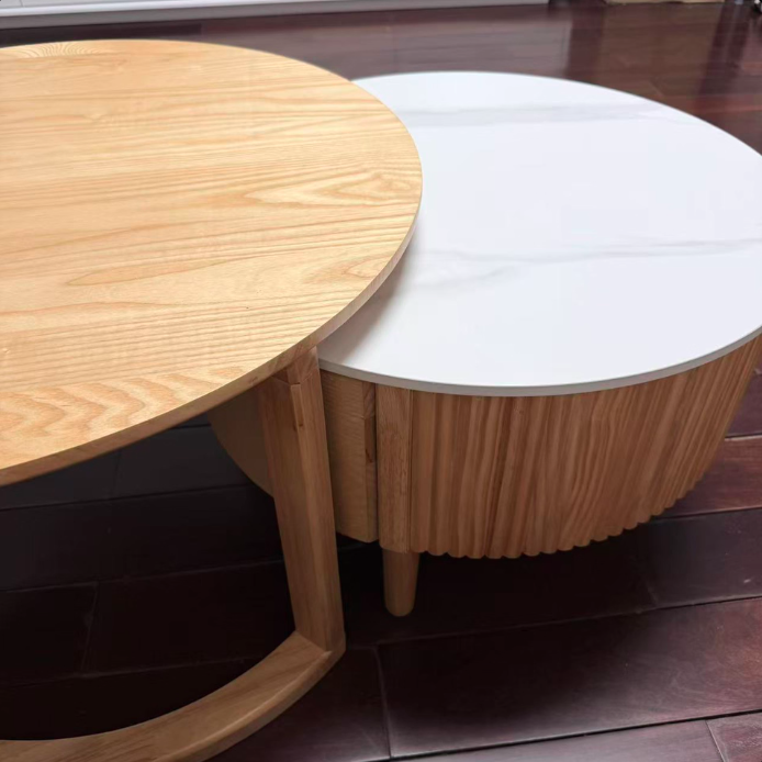 Table basse contemporaine scandinave ronde en dalle de pierre et bois d&