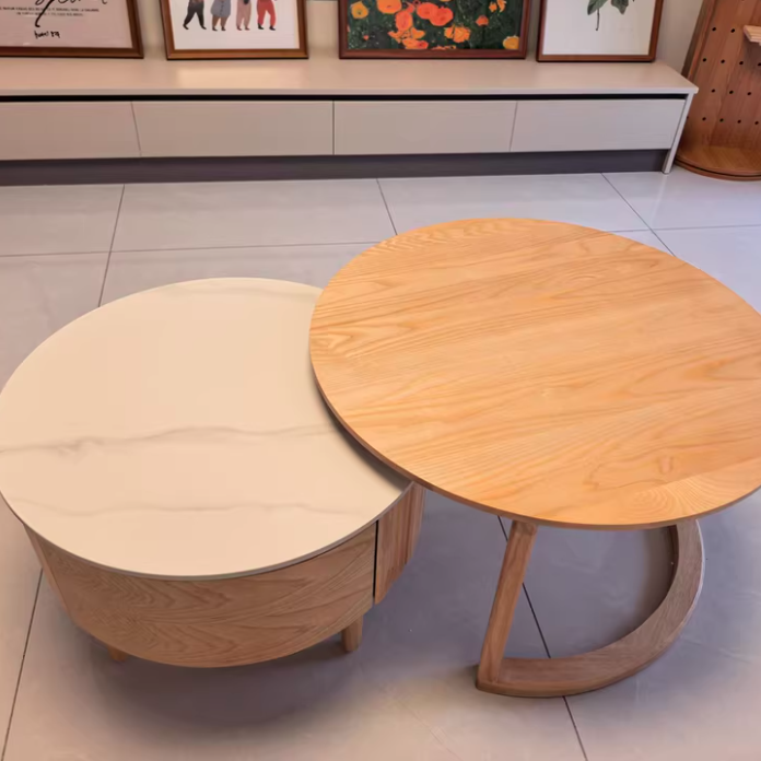 Table basse contemporaine scandinave ronde en dalle de pierre et bois d&