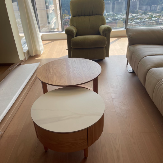Table basse contemporaine scandinave ronde en dalle de pierre et bois d&