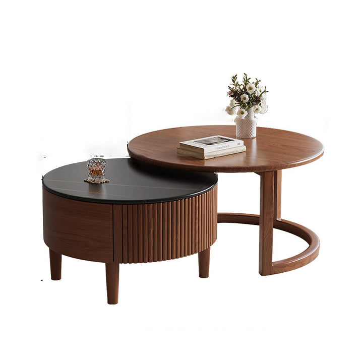 Table basse contemporaine scandinave ronde en dalle de pierre et bois d&