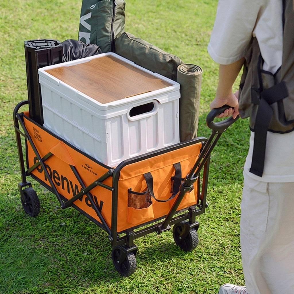 Chariot de camping pliable moderne, minimaliste, rectangulaire, en tissu Oxford, en acier au carbone et panneau de fibres à densité moyenne, pour l’extérieur 