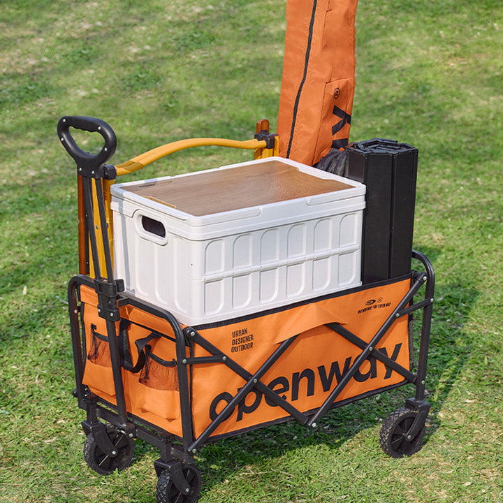 Chariot de camping pliable moderne, minimaliste, rectangulaire, en tissu Oxford, en acier au carbone et panneau de fibres à densité moyenne, pour l’extérieur 