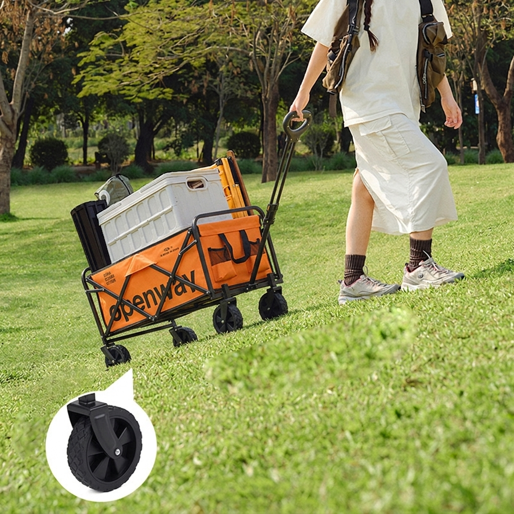 Chariot de camping pliable moderne, minimaliste, rectangulaire, en tissu Oxford, en acier au carbone et panneau de fibres à densité moyenne, pour l’extérieur 