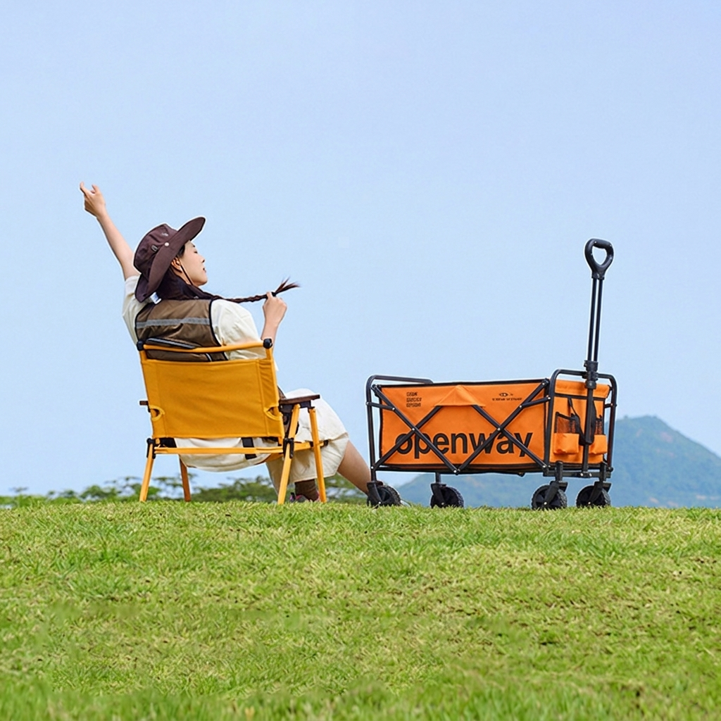Chariot de camping pliable moderne, minimaliste, rectangulaire, en tissu Oxford, en acier au carbone et panneau de fibres à densité moyenne, pour l’extérieur 