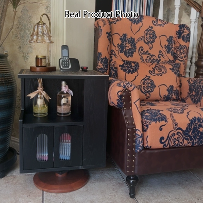 Traditional Vintage Rotating End Table - 360° Swivel Ash Wood Side Table With Open Storage Shelves For Living Room