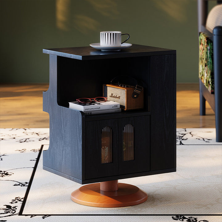 Traditional Vintage Rotating End Table - 360° Swivel Ash Wood Side Table With Open Storage Shelves For Living Room