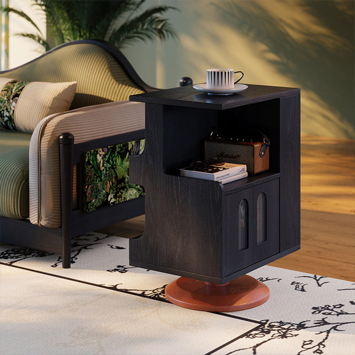 Traditional Vintage Rotating End Table - 360° Swivel Ash Wood Side Table With Open Storage Shelves For Living Room