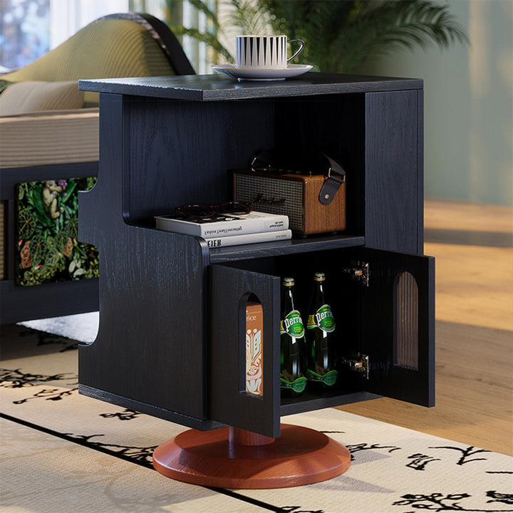Traditional Vintage Rotating End Table - 360° Swivel Ash Wood Side Table With Open Storage Shelves For Living Room