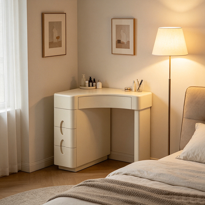 Cream White L-Shaped Corner Vanity Desk: 4-Storage Drawer - Contemporary Nordic Makeup Vanity For Bedroom