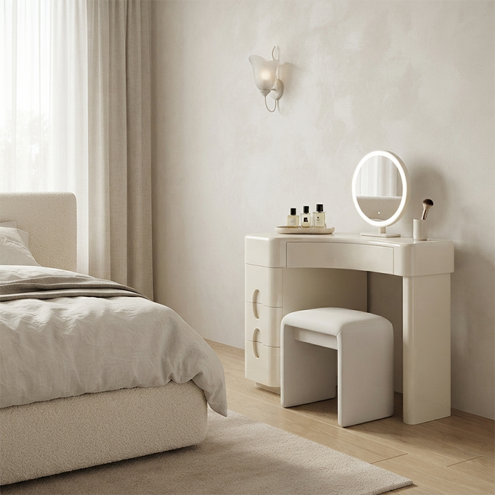 Cream White L-Shaped Corner Vanity Desk: 4-Storage Drawer - Contemporary Nordic Makeup Vanity For Bedroom