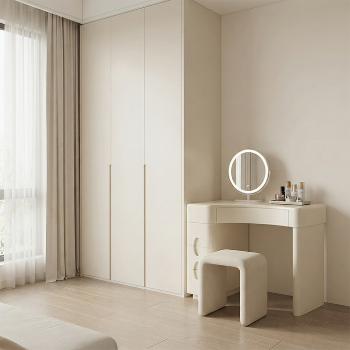 Cream White L-Shaped Corner Vanity Desk: 4-Storage Drawer - Contemporary Nordic Makeup Vanity For Bedroom