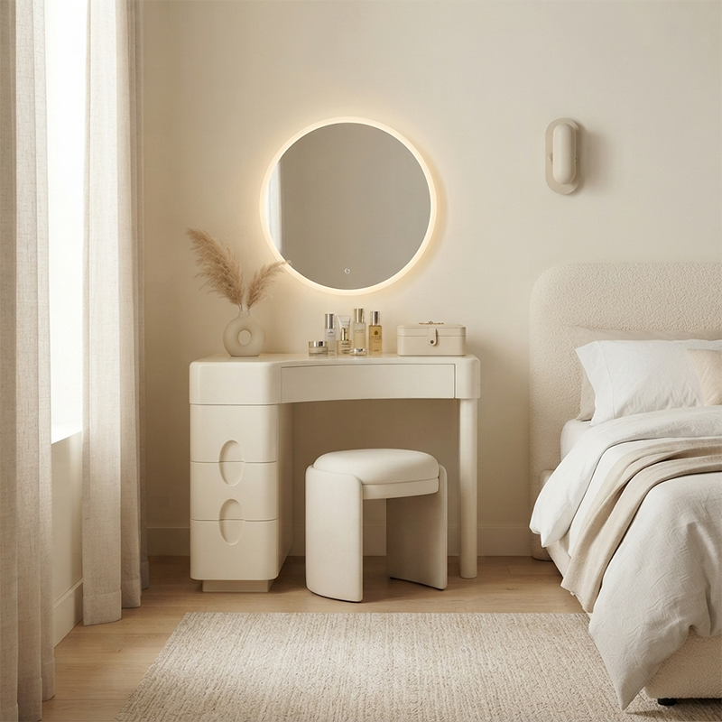 Cream White L-Shaped Corner Vanity Desk: 4-Storage Drawer - Contemporary Nordic Makeup Vanity For Bedroom