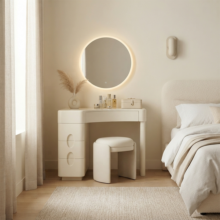 Cream White L-Shaped Corner Vanity Desk: 4-Storage Drawer - Contemporary Nordic Makeup Vanity For Bedroom