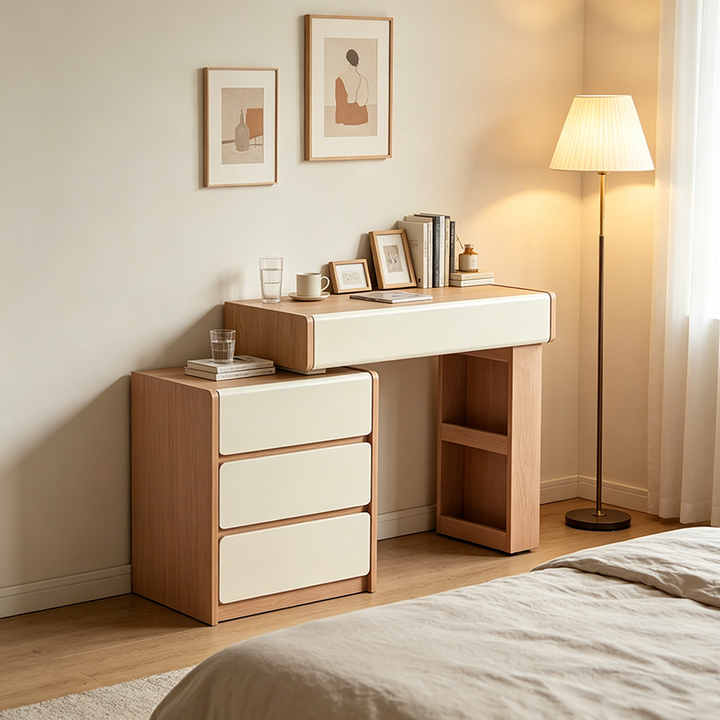 Contemporary Scandinavian Makeup Vanity Desk: 4/5/8-Drawer Storage - Wood Finish Extendable Dressing Table For Bedroom