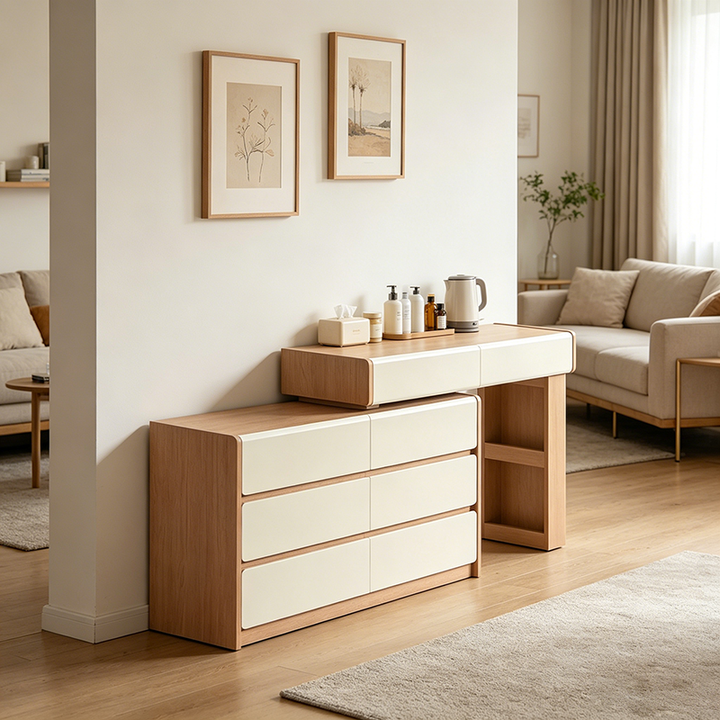 Contemporary Scandinavian Makeup Vanity Desk: 4/5/8-Drawer Storage - Wood Finish Extendable Dressing Table For Bedroom