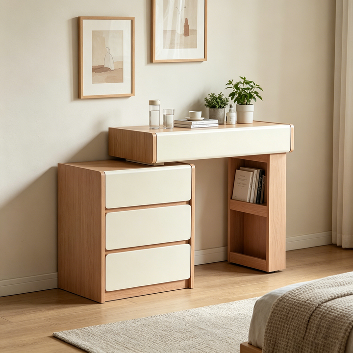 Contemporary Scandinavian Makeup Vanity Desk: 4/5/8-Drawer Storage - Wood Finish Extendable Dressing Table For Bedroom