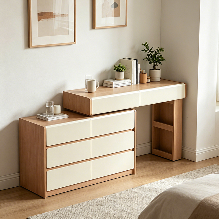 Contemporary Scandinavian Makeup Vanity Desk: 4/5/8-Drawer Storage - Wood Finish Extendable Dressing Table For Bedroom