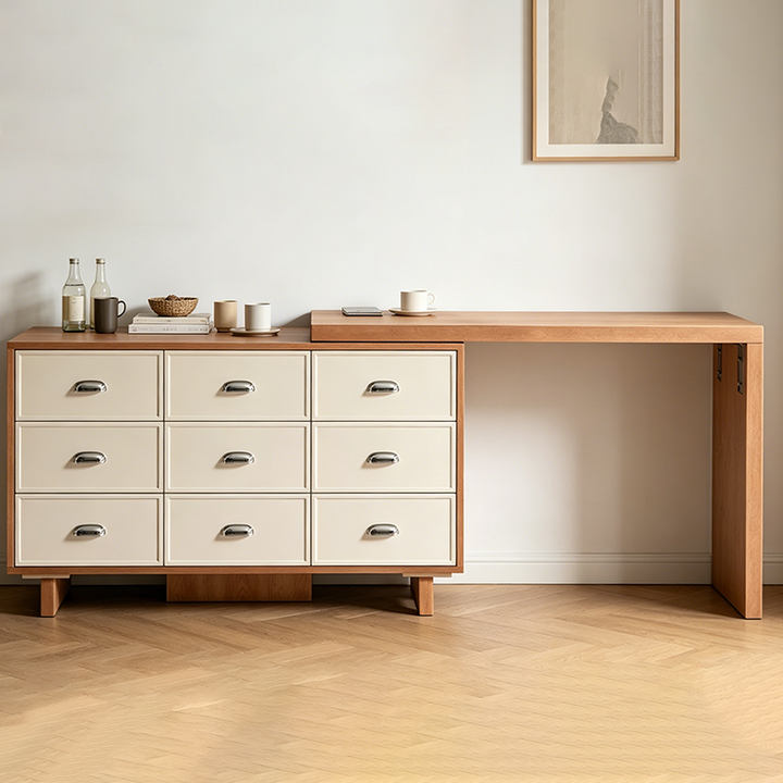 Wood Finish Large Storage Makeup Vanity Desk: 9-Drawer Storage - Contemporary Scandinavian Extendable Dressing Table For Bedroom