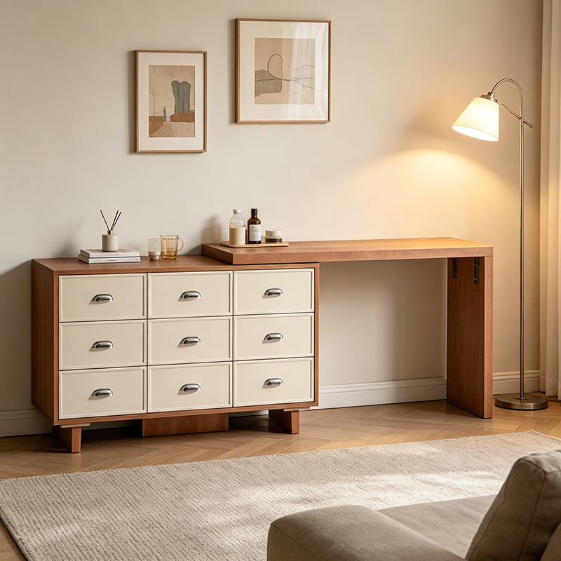 Wood Finish Large Storage Makeup Vanity Desk: 9-Drawer Storage - Contemporary Scandinavian Extendable Dressing Table For Bedroom