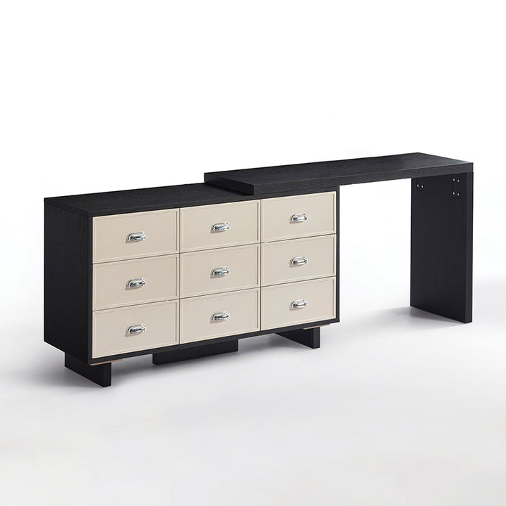 Wood Finish Large Storage Makeup Vanity Desk: 9-Drawer Storage - Contemporary Scandinavian Extendable Dressing Table For Bedroom