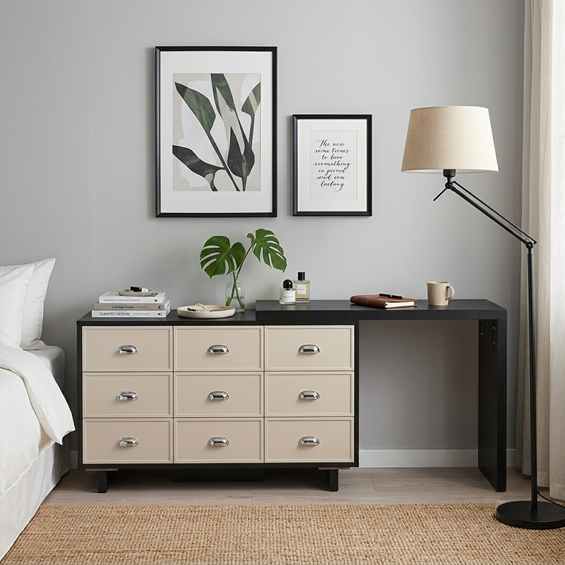 Wood Finish Large Storage Makeup Vanity Desk: 9-Drawer Storage - Contemporary Scandinavian Extendable Dressing Table For Bedroom