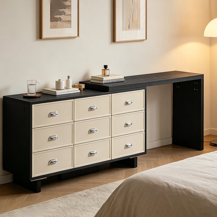Wood Finish Large Storage Makeup Vanity Desk: 9-Drawer Storage - Contemporary Scandinavian Extendable Dressing Table For Bedroom