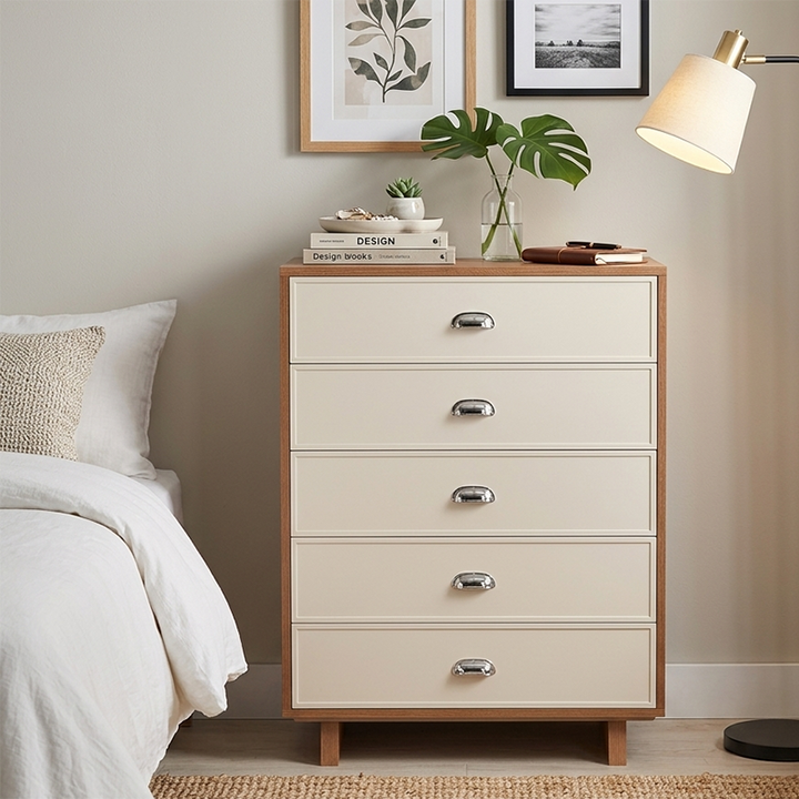 Scandinavian Style Wood Grain Finish Storage Cabinet: 5-Drawer Dresser Cabinet - Contemporary MDF Cabinet For Bedroom