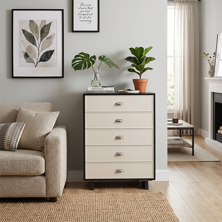 Scandinavian Style Wood Grain Finish Storage Cabinet: 5-Drawer Dresser Cabinet - Contemporary MDF Cabinet For Bedroom