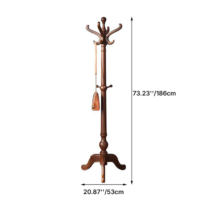 Classic Freestanding Rubberwood Coat Rack: Decorative Carved Base - Traditional Vintage Hall Tree Organizer For Entryway