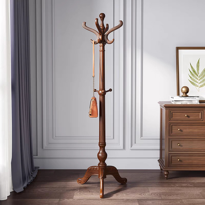Classic Freestanding Rubberwood Coat Rack: Decorative Carved Base - Traditional Vintage Hall Tree Organizer For Entryway