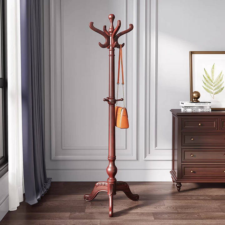 Classic Freestanding Rubberwood Coat Rack: Decorative Carved Base - Traditional Vintage Hall Tree Organizer For Entryway