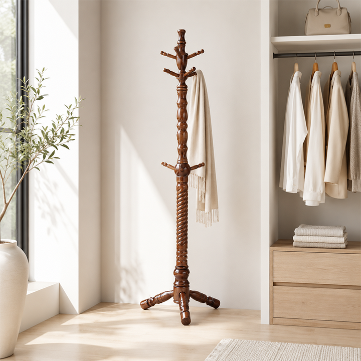 Freestanding Solid Eucalyptus Wood Coat Rack: Multi-Level Hook - Vintage Entryway Hall Tree For Entryway Storage &amp; Bedroom