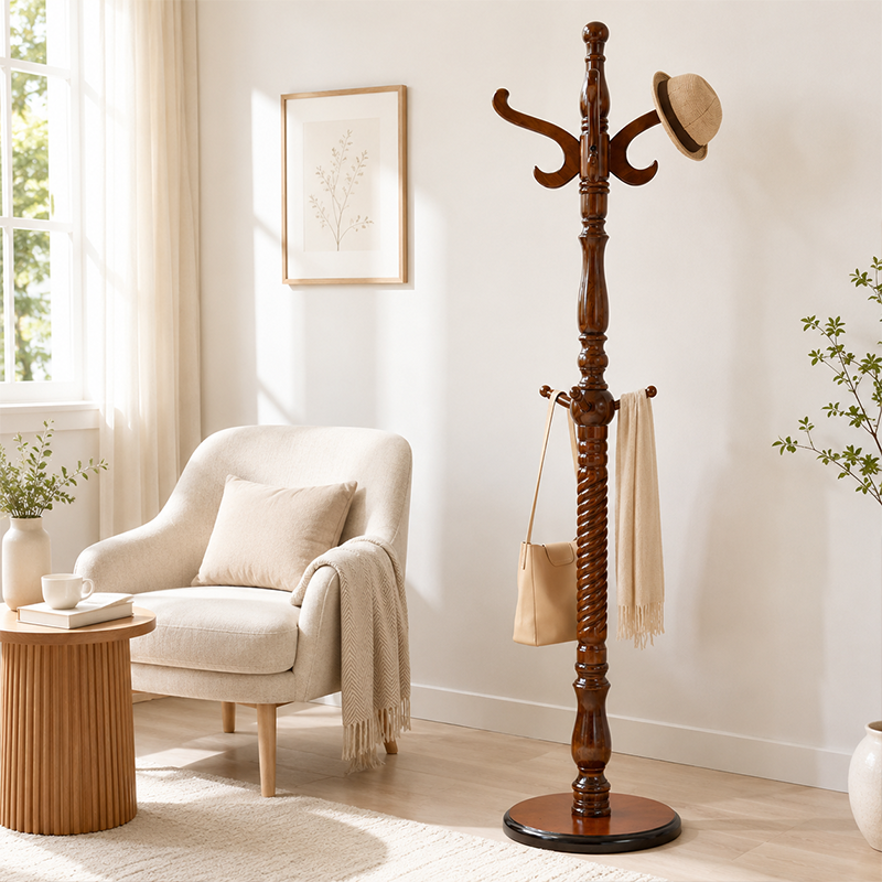 Traditional Vintage Coat Rack - Crown Style Wooden Hook: Elegant Freestanding Hall Tree For Entryway &amp; Bedroom