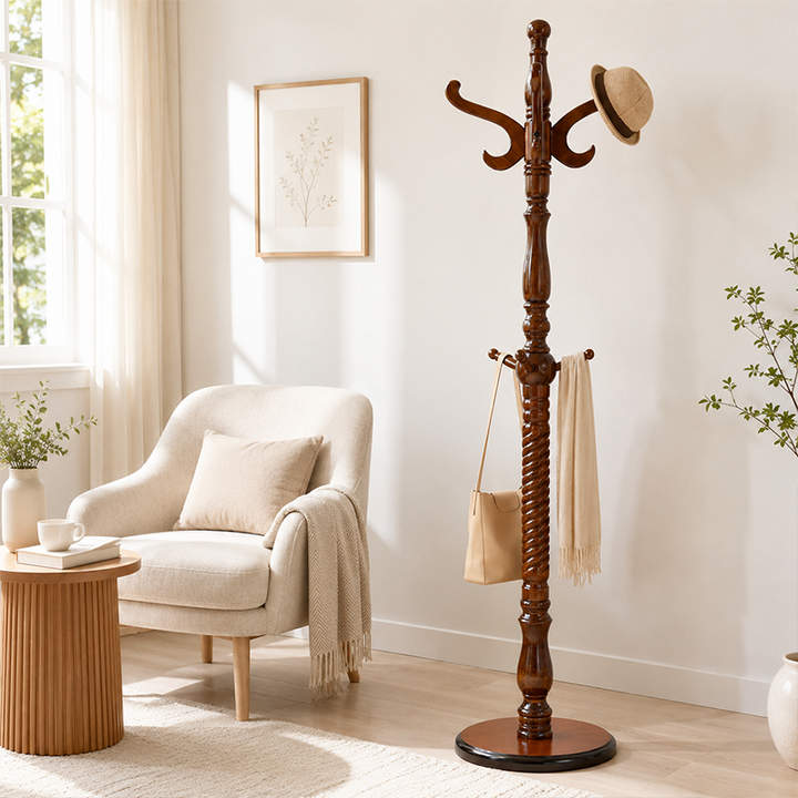 Traditional Vintage Coat Rack - Crown Style Wooden Hook: Elegant Freestanding Hall Tree For Entryway &amp; Bedroom