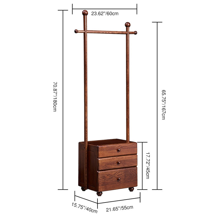Traditional Freestanding Ash Wood Hall Tree: 3-Storage Drawer - Vintage Garment Organizer & Entryway Coat Rack For Bedroom