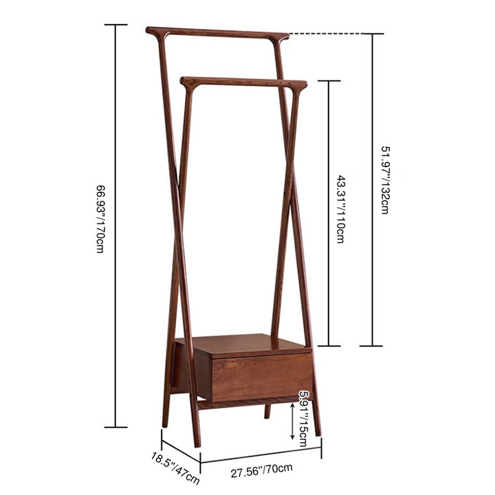 Freestanding Bedroom Garment Organizer: Ash Wood Coat Rack & Plywood Drawer - Vintage Storage Hall Tree For Bedroom